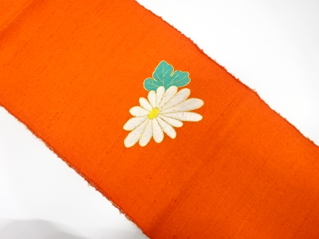 手織り真綿紬　菊模様刺繍名古屋帯